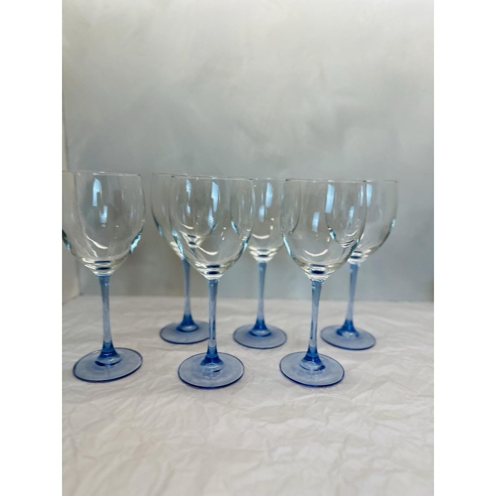 Vintage Luminarc Light Blue Stem Wine Glasses  8.25" – Set of 6, Made in France